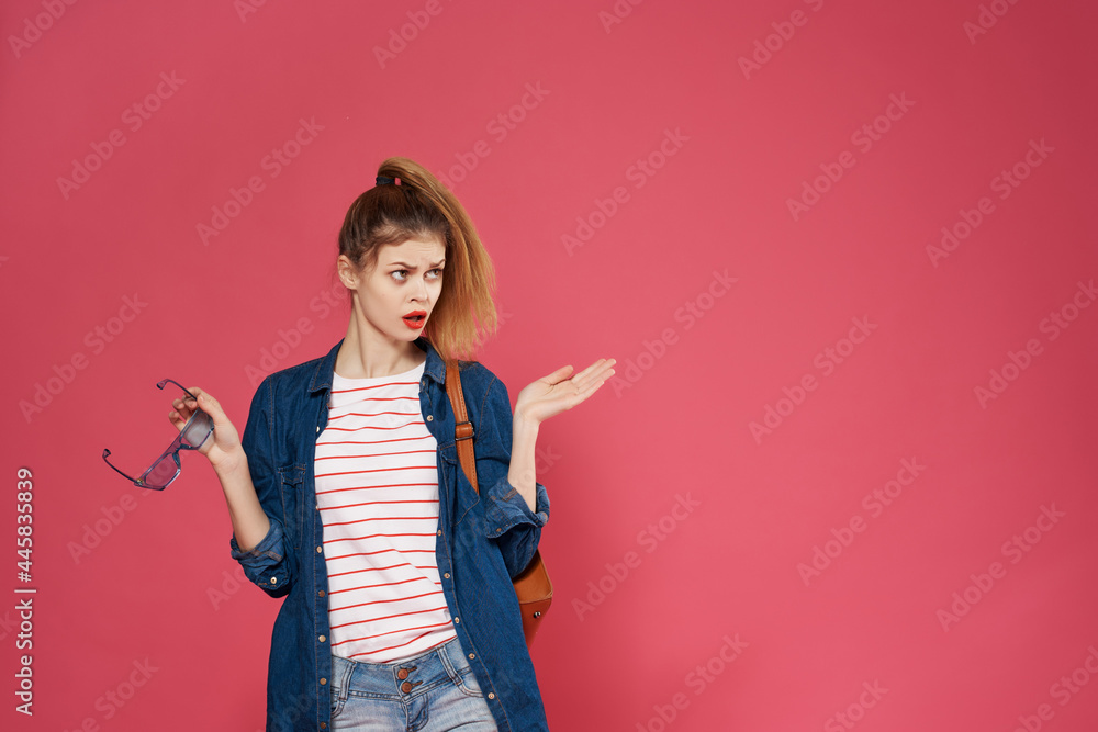 cheerful woman fashionable youth clothes pink background backpack cheerful woman fashionable youth clothes pink background backpack
