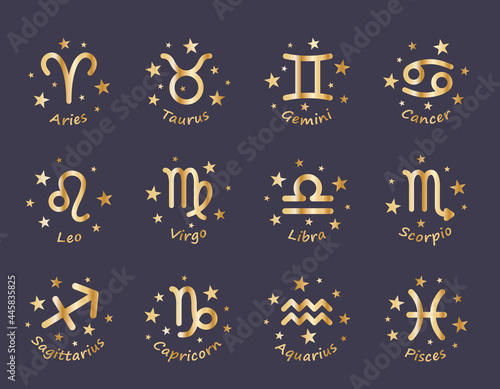 Set of 12 Zodiac signs with titles. The signs of Aries, Taurus, Gemini, Cancer, Leo, Virgo, Libra, Scorpio, Aquarius, Sagittarius, Capricorn, Pisces. Golden vector illustration on blue background