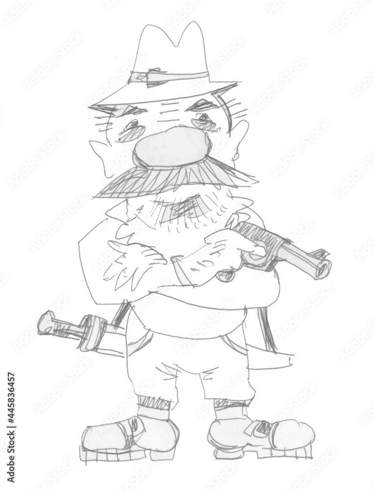 Joyful pirate with a pistol in his hand. Cartoon style.