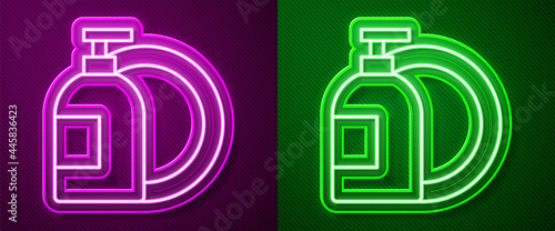 Glowing neon line Dishwashing liquid bottle and plate icon isolated on purple and green background. Liquid detergent for washing dishes. Vector