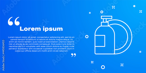 White line Dishwashing liquid bottle and plate icon isolated on blue background. Liquid detergent for washing dishes. Vector