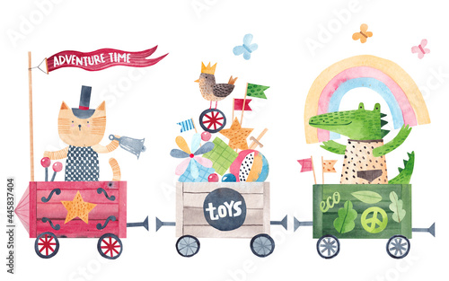 Cute set of watercolor illustrations. Funny animals travel on a toy train. Watercolor illustration. Kids decor.