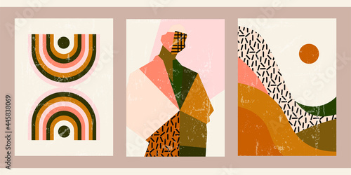 A set of three abstract posters. Modern creative minimalistic elegant illustration. Vintage aged striped background with silhouette of a man, boho rainbow, landscape with sun, tropical pattern.