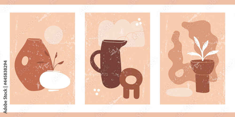 A set of three posters with a still life in coffee shades. Modern creative minimalistic elegant illustration. Vintage aged background. Vases of various shapes with plants, dots, grunge texture.