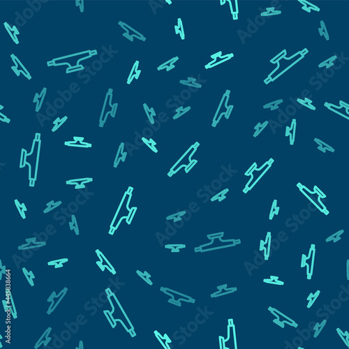 Green line Skateboard wheel icon isolated seamless pattern on blue background. Skateboard suspension. Skate wheel. Vector