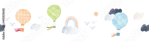 Cute pattern of balloons, rainbows, birds and clouds. Cute seamless pattern. Watercolor illustration. Horizontal repeating border.