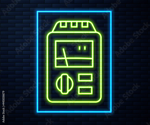 Glowing neon line Dosimeter for measuring radiation icon isolated on brick wall background. Gamma radiation personal dosimeter. Vector