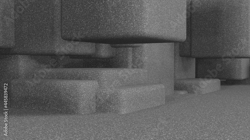 Aerial view of rough surface cube stone structure on soft grey floor (3D Rendering)