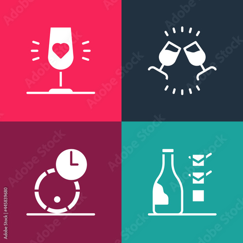 Set pop art Bottle of wine, Wooden barrel for, Wine tasting, degustation and glass icon. Vector