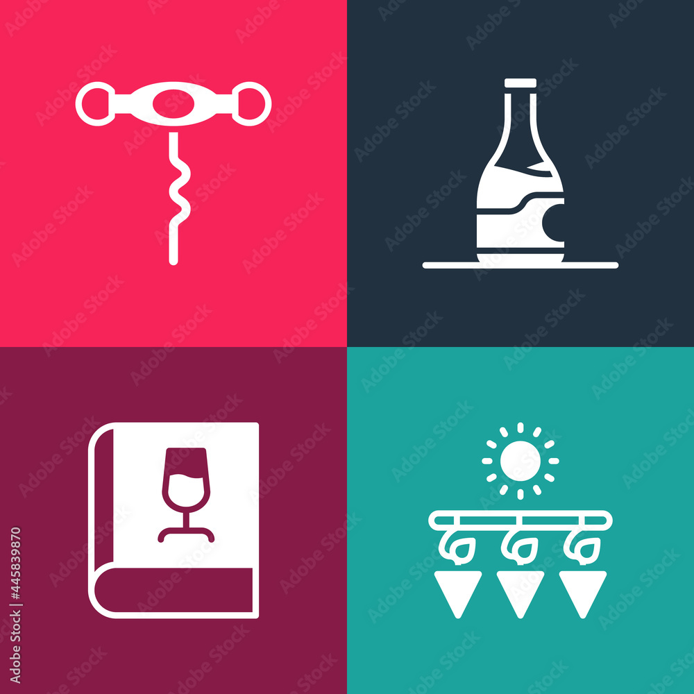 Set pop art Drying grapes, Book about wine, Bottle of and Wine corkscrew icon. Vector Set pop art Drying grapes, Book about wine, Bottle of and Wine corkscrew icon. Vector