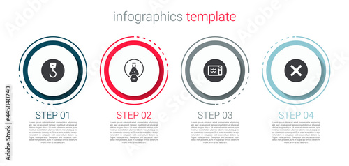 Set Industrial hook, Test tube and flask, Microwave oven and X Mark, Cross in circle. Business infographic template. Vector