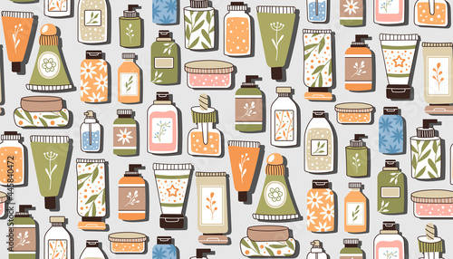 Seamless repeating pattern with cosmetics. A set of bottles and tubes, jars for skin care with face, hair and body cream. Fashion style for a postcard, banner, template for wrapping paper. Vector.