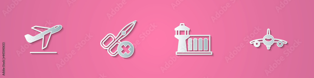 Set paper cut Plane takeoff, No scissors, Airport control tower and icon. Paper art style. Vector Set paper cut Plane takeoff, No scissors, Airport control tower and icon. Paper art style. Vector