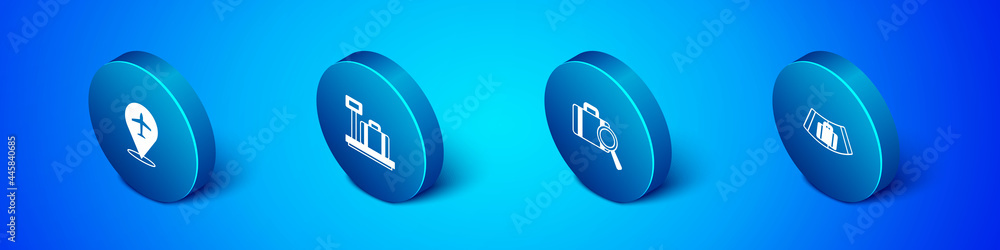 Set Isometric Plane, Lost baggage, Conveyor belt with suitcase and Scale icon. Vector Set Isometric Plane, Lost baggage, Conveyor belt with suitcase and Scale icon. Vector