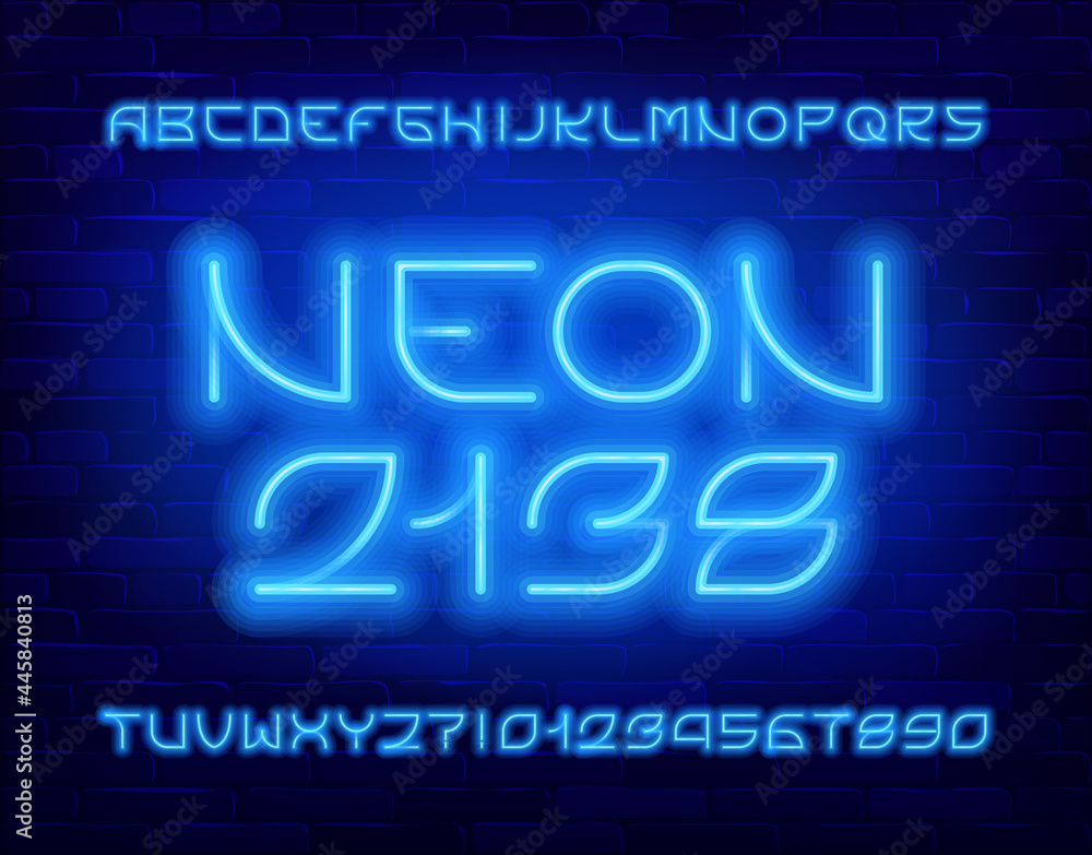Neon 2138 alphabet font. Blue neon light letters, numbers and punctuation. Brick wall background. Stock vector typescript for your design.