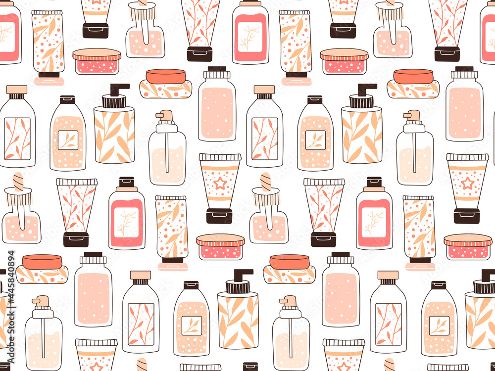 Premium Vector  Seamless repeating pattern with cosmetics a set of bottles  and tubes jars for skin care with face hair and body cream fashion style  for a postcard banner template for