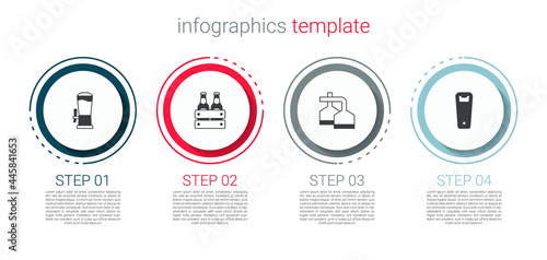 Set Beer tap, Pack of beer bottles, brewing process and Bottle opener. Business infographic template. Vector