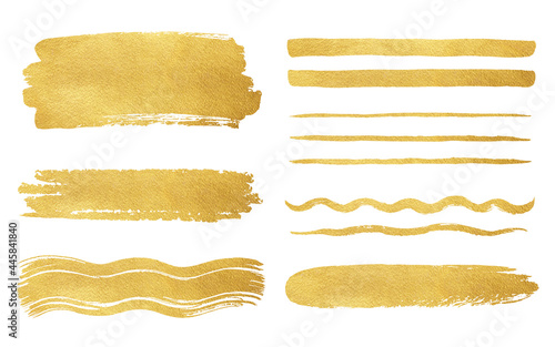 Golden foil artistic brush strokes, brushstroke shapes, smears, stripes, rough lines set. Hand drawn creative textured text backgrounds, gold painted graphic design elements. Frame, banner templates. photo