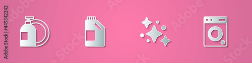 Set paper cut Dishwashing liquid bottle, Bottle for cleaning agent, Home service and Washer icon. Paper art style. Vector