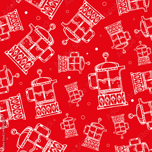 Vector seamless pattern on the theme of a tea and coffee shop. Hand-drawn illustration (vector) of a white french press teapot on a red background. For wallpaper, wrapping paper, fabric, prints.