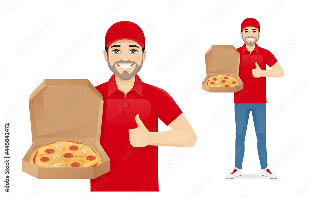 Handsome delivery man in red uniform standing showing thumb up holding open pizza box isolated vector illustration Handsome delivery man in red uniform standing showing thumb up holding open pizza box isolated vector illustration