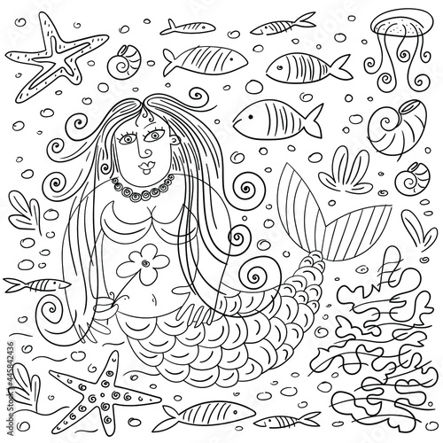 Cute cartoon mermaid in sea with fishes and starfishes. Coloring book. Vector illustration