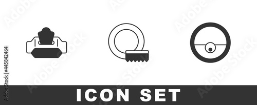 Set Wet wipe pack, Washing dishes and Robot vacuum cleaner icon. Vector