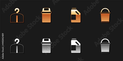 Set Hanger wardrobe, Trash can, Bottle for cleaning agent and Bucket icon. Vector