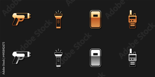 Set Police electric shocker, Flashlight, assault shield and Walkie talkie icon. Vector