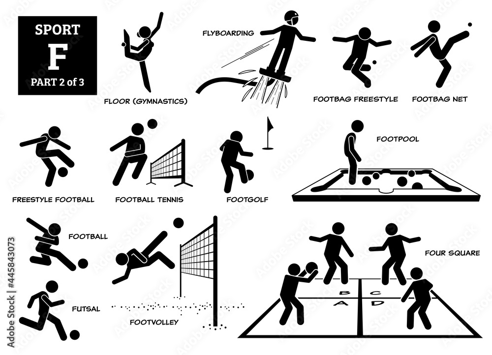 Sport games alphabet F vector icons pictogram. Floor gymnastic