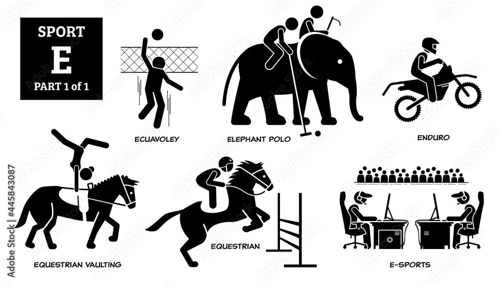Obraz premium Sport games alphabet E vector icons pictogram. Ecuavoley, elephant polo, enduro, equestrian vaulting, equestrian, and E-sport.