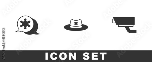 Set Hexagram sheriff, Sheriff hat with badge and Security camera icon. Vector