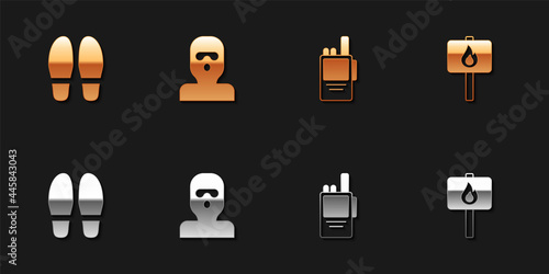 Set Footsteps, Thief mask, Walkie talkie and Protest icon. Vector