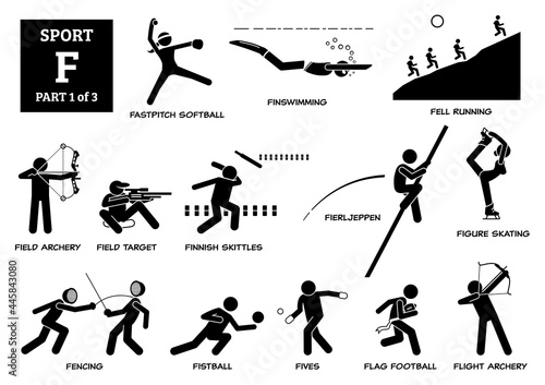 Sport games alphabet F vector icons pictogram. Fastpitch softball, finswimming, fell running, field archery flight, target, skittles, fierljeppen, figure skating, fencing, fistball, flag football.