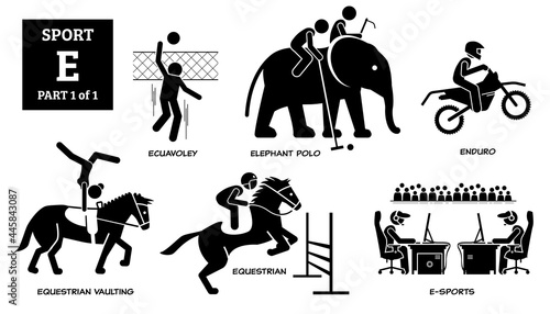 Sport games alphabet E vector icons pictogram. Ecuavoley, elephant polo, enduro, equestrian vaulting, equestrian, and E-sport.