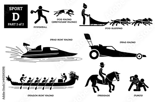 Sport games alphabet D vector icons pictogram. Dodgeball, dog racing greyhound, sledding, drag boat racing, drag car racing, dragon boat, equestrian dressage horse, and dumog.