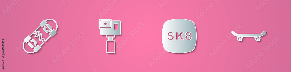 Set paper cut Broken skateboard, Action camera, Skateboard and icon. Paper art style. Vector Set paper cut Broken skateboard, Action camera, Skateboard and icon. Paper art style. Vector
