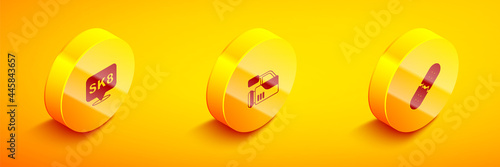 Set Isometric Skateboard, Cinema camera and Broken skateboard deck icon. Vector