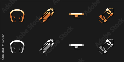 Set Headphones, Skateboard deck, wheel and icon. Vector