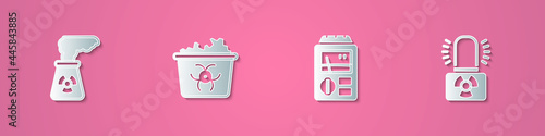 Set paper cut Nuclear power plant, Infectious waste, Dosimeter and Radioactive warning lamp icon. Paper art style. Vector