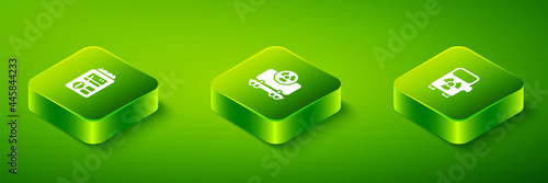 Set Isometric Radioactive cargo train, Electric charging station and Dosimeter icon. Vector