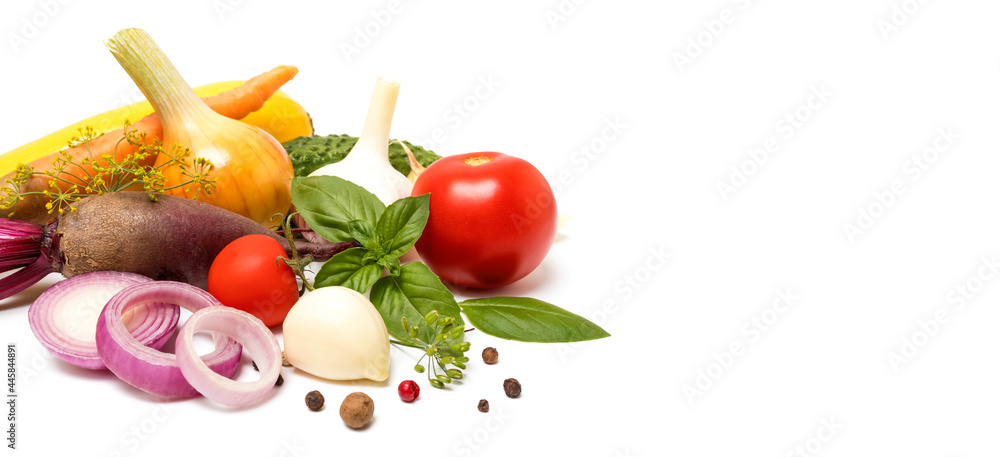 Healthy Food Background. banner. Fresh vegetables on a white background with space for text, onions, garlic, beets, tomatoes, basil and spices. clean vegan eating concept, copy space