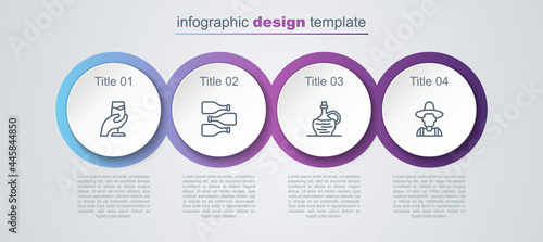 Set line Wine tasting, degustation, Bottles of wine, italian fiasco bottle and Farmer the hat. Business infographic template. Vector