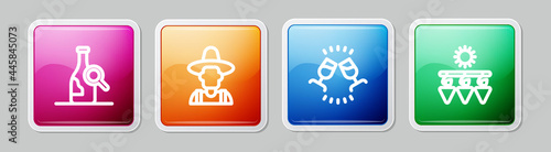 Set line Bottle of wine, Farmer the hat, Wine tasting, degustation and Drying grapes. Colorful square button. Vector