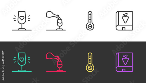 Set line Wine glass, tasting, degustation, Meteorology thermometer and Book about grapes on black and white. Vector