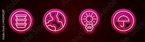 Set line Bowl, Worldwide, No direct sunlight and Delivery package with umbrella. Glowing neon icon. Vector