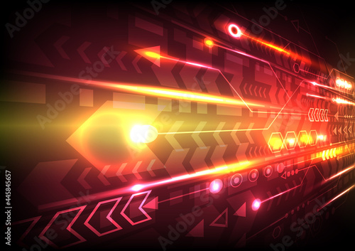 Perspective speed arrow and glowing computer data. Abstract futuristic high technology background. Internet motivation and connection to communicate of innovation