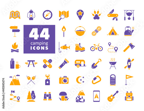 Camping, Hiking and Outdoor Activities icons set