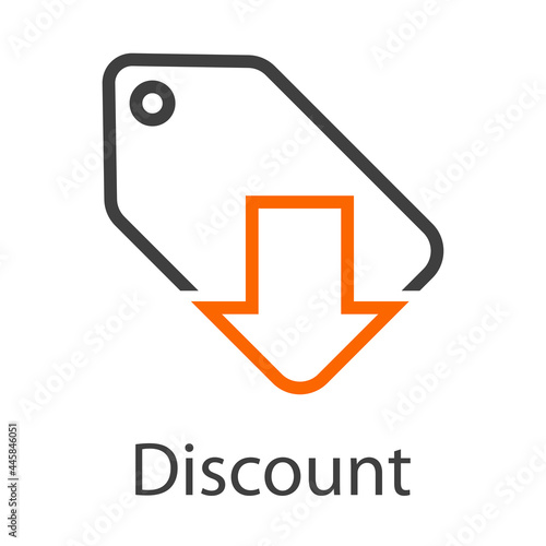 Logotipo con palabra Discount y etiqueta con flecha descarga con lineas en color gris y naranja