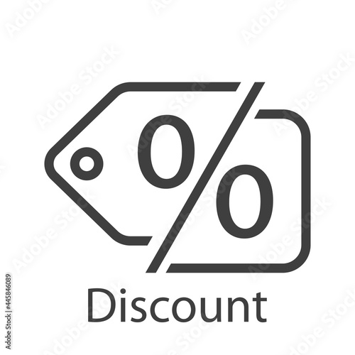 Logotipo con palabra Discount y etiqueta con símbolo porcentaje con lineas en color gris